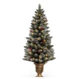 Decoway 4ft Christmas Tree Pre-Lit Artificial Mini Trees with Gold Pot Base, Flocked Snow 70 Warm White Led Lights Pine Cones Red Berries, for Entrances, Home Decorations Holiday Decor
