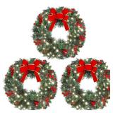 Glitinsel 3 Pack 16 Inch Christmas Wreath Decorations with Lights Battery Operated 50 LED Artificial Christmas Wreath for Front Door with Red Bow Pine Cones Berry for Outdoor Indoor Window Wall Decor