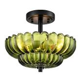 Semi Flush Mount Ceiling Light Fixture, Green Glass 3-Light Modern Vintage Ceiling Lights, Scalloped Close to Ceiling Light, Black Base Flush Mount Ceiling Light for Hallway Bedroom Entryway Kitchen