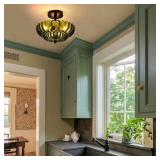 Semi Flush Mount Ceiling Light Fixture, Green Glass 3-Light Modern Vintage Ceiling Lights, Scalloped Close to Ceiling Light, Black Base Flush Mount Ceiling Light for Hallway Bedroom Entryway Kitchen