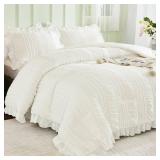 WONGS BEDDING White Queen Comforter Set,Boho Ruffle Comforter for Queen Bed,Soft Seersucker Shabby Chic Bedding Set with 1 Comforter,2 Tufted Pillowcases 90\"Ã90\"