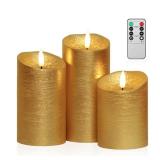ANGELLOONG Gold Flameless Candles with Remote, Real Wax Battery Operated Electir LED Pillar Candles with Timer for Valentines Wedding Party Home Decor Halloween Christmas, Set of 3