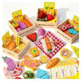 KONYXALU Wooden Play Food Set for Kids Kitchen - Pretend Cutting Toys with Fruits, Vegetables, Meat & Bakery - Montessori Sorting Toy for Boys & Girls Ages 3-8 - Ideal Gift for Christmas & Birthday