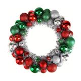 NJN 13in/33cm Christmas Ball Wreath Ornament, Red Green Silver Christmas Decoration, Home Party Front Door Decorative Shatterproof Hanging Xmas Decors