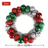 NJN 13in/33cm Christmas Ball Wreath Ornament, Red Green Silver Christmas Decoration, Home Party Front Door Decorative Shatterproof Hanging Xmas Decors
