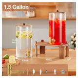 2 PCS 1.5 Gallon Drink dispenser, Glass Beverage Dispenser With Wood Stand, Large Water Drink Dispensers for Parties With Stainless Steel Spigot, Ideal for Lemonade,Juice, Tea, and Party Drinks