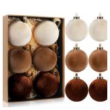 HyDren 6 Pcs Velvet Christmas Ball Ornaments 4 Inches Large Flocked Christmas Tree Hanging Ornaments Shatterproof Xmas Bulbs for Home Xmas Tree Party Decor(Beige, Light Brown, Dark Brown)