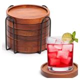 Mckanti Wooden Coasters Set of 6 with Holder, Acacia Wood Drink Coasters for Farmhouse, Patio, Bar Decoration