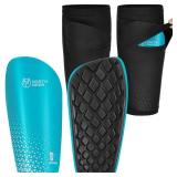 Soccer Shin Guards for Men incl. Sleeves with Optimized Insert Pocket - Protective Soccer Equipment for Kids Adults (Blue XL)