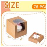 BOOMIBOO 75 Pack Individual Cupcake Containers, Cupcake Boxes with Window, Food Grade Cupcake Holders with Inserts, Stackable Deep Cupcake Carrier (Brown)