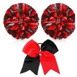 Hanaive Cheerleading Pom Poms and Large Cheerleader Hair Bow 12 Inch Large Metallic Cheer Cheerleader Pom Poms for Sports Team Spirit Cheering(Red and Black Mixed,Matte)