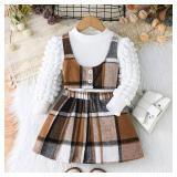 Guodeunh Toddler Girls Plaid Outfits Puff Sleeve Knit Ribbed Tops Button Down Vest Plaid Skirt Set Girls Fall Winter Clothes (Brown,8 Years)