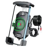 BRCOVAN Motorcycle Phone Mount Holder with Qi 15W Wireless Charger & PD/USB-C 20W Fast Charging Port, [1s Lock] Cellphone Cradle with Aluminum Alloy Handlebar Mounting Base for 4-7