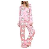 Villagepageme Womens Christmas Pajamas Sets Long Sleeve Button Down Fur Trim Shirt Matching Pants 2 Piece Lounge Set Sleepwear (Pink, M)