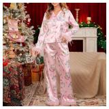 Villagepageme Womens Christmas Pajamas Sets Long Sleeve Button Down Fur Trim Shirt Matching Pants 2 Piece Lounge Set Sleepwear (Pink, M)