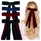 VOBOBE 4PCS Hair Bows for Women Girls, Velvet Tassel Hair Ribbon Bowknot Hair Clips Barrettes for Girl with Velvet Tiny Long Tail Hair Accessories (Black+Red+Green+Navy-Velvet)