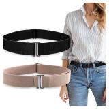 HAWOWZ 2Pcs No Show Stretch Belt for Women Invisible Elastic Tuck Band, Adjustable Strap Crop Belt with Flat Buckle for Jeans Pants Dresses