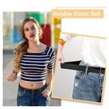 HAWOWZ 2Pcs No Show Stretch Belt for Women Invisible Elastic Tuck Band, Adjustable Strap Crop Belt with Flat Buckle for Jeans Pants Dresses