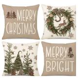NIGHTWISH Christmas Pillow Covers 18x18 Set of 4 Brown Christmas Decorations Wooden Xmas Tree Snowman Throw Pillow Covers Reindeer Wreath Snowflake Winter Holiday Cushion Case for Sofa Couch
