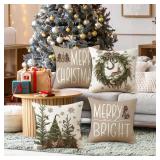 NIGHTWISH Christmas Pillow Covers 18x18 Set of 4 Brown Christmas Decorations Wooden Xmas Tree Snowman Throw Pillow Covers Reindeer Wreath Snowflake Winter Holiday Cushion Case for Sofa Couch