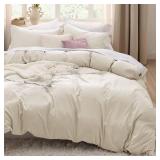 Bedsure Oat Milk Duvet Cover Queen Size - 3 Pieces Prewashed Cotton-Like Extra Soft Bedding Set, Includes 1 Duvet Cover 90x90 Inches with Zipper Closure & 2 Pillow Shams, Comforter Not Included