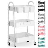 Some discoloration around edges 3 Tier Heavy Duty White Metal Rolling Cart with Lockable Wheels, Three Tier Roller Book Snack Cart, Utility Storage Organizer Carts for Kitchen, Bathroom, Garage, Baby 