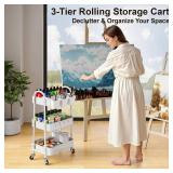 Some discoloration around edges 3 Tier Heavy Duty White Metal Rolling Cart with Lockable Wheels, Three Tier Roller Book Snack Cart, Utility Storage Organizer Carts for Kitchen, Bathroom, Garage, Baby 