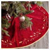 Bunny Chorus Christmas Tree Skirt, 48 inches Red Luxury Velvet Plush Fur Skirts with Gold Embroidered Holly Leaf for Rustic Xmas Tree Holiday Decorations
