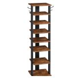 HOOBRO 8 Tiers Vertical Shoe Rack, Wooden Shoe Storage Organizer with Hooks, Narrow Shoe Tower for 8 Pairs, Space Saving, for Entryway, Living Room, Bedroom, Rustic Brown BF07XJ01G1