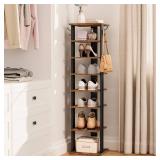 HOOBRO 8 Tiers Vertical Shoe Rack, Wooden Shoe Storage Organizer with Hooks, Narrow Shoe Tower for 8 Pairs, Space Saving, for Entryway, Living Room, Bedroom, Rustic Brown BF07XJ01G1
