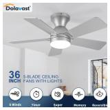 Dolavast Ceiling Fans with Lights, 36 Inch Low Profile Ceiling Fan with Light and Remote Control, Flush Mount, Reversible, 3CCT, Dimmable LED, Quiet, Nickel Ceiling Fan for Bedroom, Kitchen,Office
