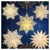 Mudder 5 Pieces Christmas Snowflake Paper Lantern with 7 Light up Star Paper 3D Hanging Lantern Lamp Party Decoration for Weddings Holiday Xmas Trees(Cute Style,White)