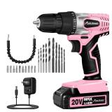 AVID POWER 20V MAX Lithium lon Cordless Drill Set, Power Drill Kit with Battery and Charger, 3/8-Inch Keyless Chuck, Variable Speed, 16 Position and 22pcs Bits (Pink)