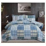 Morden Quilt Bedspread Queen Size Set - Plaid Patchwork Bedding Soft Lightweight Reversible Coverlet Blue White Stripe Collection