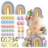 UFROMSKY 49Pcs Rainbow Cake Topper Groovy Boho Hippie Cake Decorations Pastel Balls Daisy Flower Number Cake Toppers for Retro Hippie Party Girls Women Birthday Wedding Rainbow Theme Party Supplies