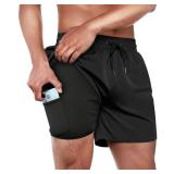 BRISIRA Mens Swim Trunks Swim Shorts Quick Dry 5 inch Inseam Beach Shorts with Compression Liner and Zipper Pocket Black 2XL
