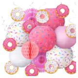 Hortsun 19 Pcs Donut Birthday Party Decorations Lanterns Hanging Donut Theme Decor Paper Lanterns Honeycomb Decorations Sweet One Birthday Party Supplies Donuts Decor Candy Ice Cream(Pink)