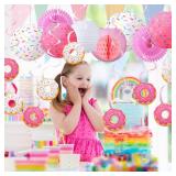 Hortsun 19 Pcs Donut Birthday Party Decorations Lanterns Hanging Donut Theme Decor Paper Lanterns Honeycomb Decorations Sweet One Birthday Party Supplies Donuts Decor Candy Ice Cream(Pink)