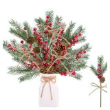 Sggvecsy 15 Pack Snow Frosted Christmas Berries Pine Picks Artificial Red Berry Pine Branches Frosted Faux Pine Stem with Pine Cones Fake Pine Needles for Xmas Tree Wreath DIY Craft Holiday Decor