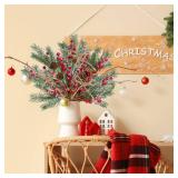 Sggvecsy 15 Pack Snow Frosted Christmas Berries Pine Picks Artificial Red Berry Pine Branches Frosted Faux Pine Stem with Pine Cones Fake Pine Needles for Xmas Tree Wreath DIY Craft Holiday Decor