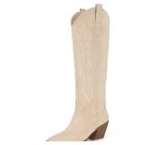 iiimmu Cowgirl Tall Boots Pointed Toe and Block Heel Cowboy Suede Boots with Embroidered, Beige, Size 8.5