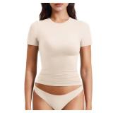 YEOREO Women Fitted Workout Tops Short Sleeve Double Lined Basic Y2K Going Out Crew Neck Compression Crop Top Light Oatmea XL