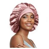 22 Momme 100% Real Mulberry Silk Bonnet for Sleeping Women, Large Hair Care Bonnet for Long Curly Hair, Double Layer Silk Wrap with Soft Elastic Band, Non-Slip Sleep Cap, Pink