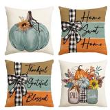 AVOIN colorlife Fall Pumpkin Home Sweet Home Throw Pillow Covers, 16 x 16 Inch Autumn Thankful Grateful Blessed Harvest Floral Decorations for Sofa Couch Set of 4, Blue