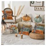 AVOIN colorlife Fall Pumpkin Home Sweet Home Throw Pillow Covers, 16 x 16 Inch Autumn Thankful Grateful Blessed Harvest Floral Decorations for Sofa Couch Set of 4, Blue