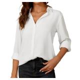 YAMANMAN Womens Button Down Shirt Long Sleeve Classic Collared Tops Work Office Casual Chiffon Blouse White size  XL has staying on right sleeve