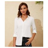 YAMANMAN Womens Button Down Shirt Long Sleeve Classic Collared Tops Work Office Casual Chiffon Blouse White size  XL has staying on right sleeve