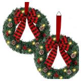 Zcaukya 2 Packs Pre-lit Christmas Wreaths, 14 Inch Buffalo Check Bowknot Wreath with 8 Lighting Modes String Lights, Artificial Front Door Wreath for Xmas Hanging Decor, with Timer