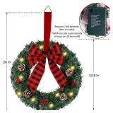 Zcaukya 2 Packs Pre-lit Christmas Wreaths, 14 Inch Buffalo Check Bowknot Wreath with 8 Lighting Modes String Lights, Artificial Front Door Wreath for Xmas Hanging Decor, with Timer