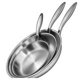 EWFEN Tri-Ply Stainless Steel Frying Pans Set, 8â/10â/12â Cooking pans, PFOA&PTFE Free Skillet, Induction Cooking Pan, Dishwasher and Oven Safe, Fast & Even Heat, Heavy Duty and Detacha